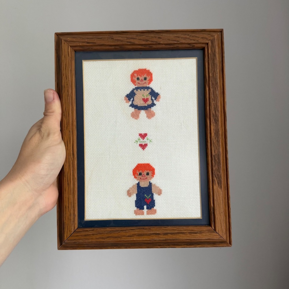 Vintage Raggedy‎ Ann and Andy Framed Cross Stitch Needlepoint Wall Art 7.5x9.5
